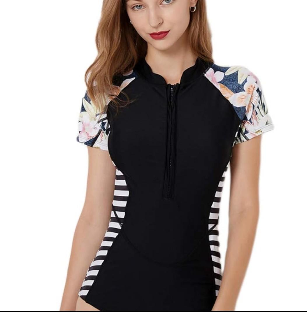 Micosuza Womens Rash Guard Short Sleeve Zip Printed One Piece Swimsuit, M