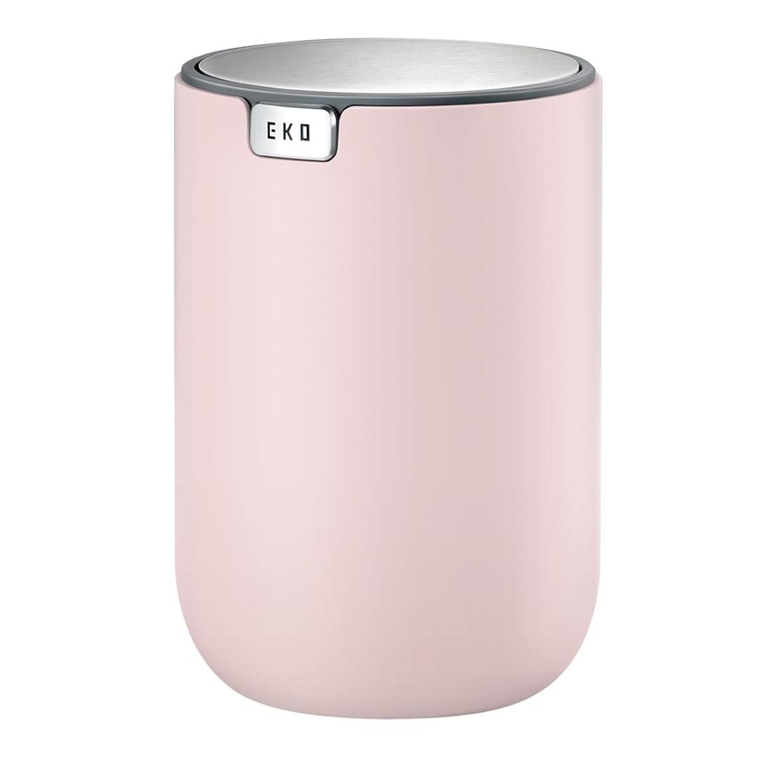 EKO Mini Desk Trash Can with Swing-Top Lid 0.4 Gallon Small Table Round Wastebasket for Office, Home, Car (Pink)
