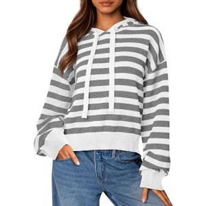 PRETTYGARDEN Hoodies for Women Fall Fashion 2026 Striped Pullover Sweaters Casual Long Sleeve Tops Winter Clothing (Striped Grey White,Medium)