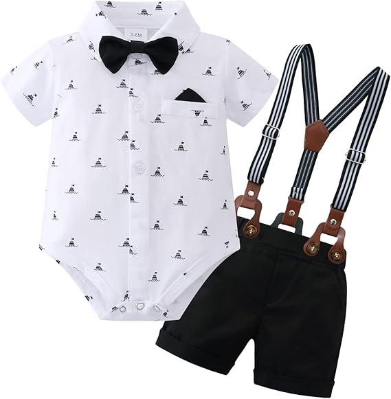 YUEMION Infant Baby Boy Clothes Gentleman Outfits Suits Summer Short Sleeve Bowtie Bodysuit Shirts + Suspender Shorts(18-24M)