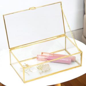 ZEXALOR Clear Glass Decorative Box for Organizing Photos, Jewelry, Small Items - Golden Dresser Drawer Organizer, Transparant Small Storage Bin Container with Lid (Upgrade, 8x4,3x2,3")