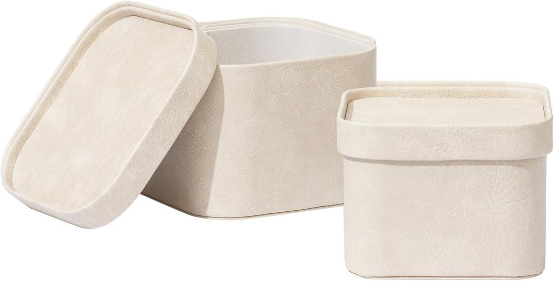 2 x La Jolie Maison Fluted Cardboard Storage Baskets with Leather-Like Lids, Sturdy Stackable Paper Cube Boxes Decorative Tray, Modern Basket Organizer Bins for Jewelry Shelves Bathroom, BeigeSet of 2 2 x La Jolie Maison Fluted Cardboard Storage Baskets with Leather-Like Lids, Sturdy Stackable Paper Cube Boxes Decorative Tray, Modern Basket Organizer Bins for Jewelry Shelves Bathroom, BeigeSet of 2
