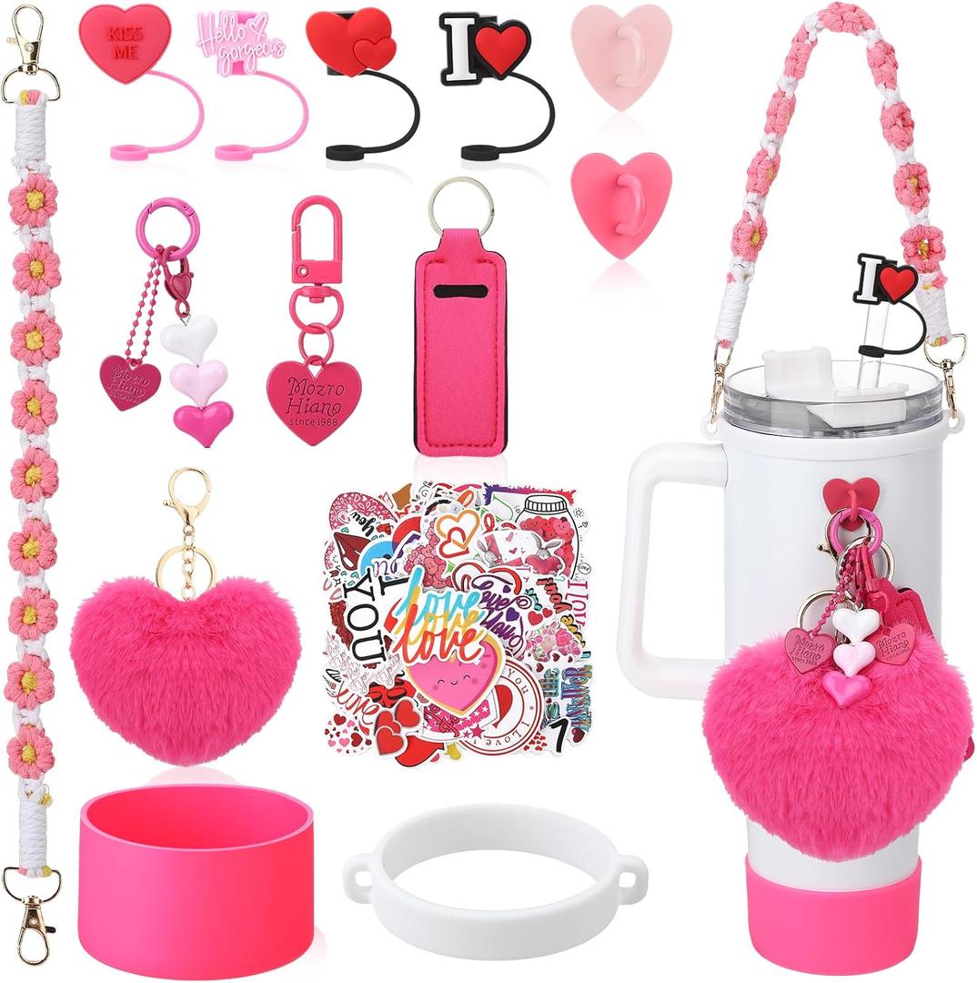 13 Pcs Hot Pink Cup Accessories Set Compatible with Stanley Tumbler Including Water Bottle Handle Strap Silicone Boot Lipstick Case Keychains Heart-shaped Hook Silicone Straw Covers Stickers