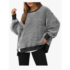 Fisoew Women's Fall Oversized Sweatshirt Casual Waffle Knit Long Sleeve Crewneck Split Pullover Tunic Tops, S