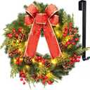 Christmas Wreath 16 Inches, with Metal Hanger, Pre-Lit Artificial Christmas Front Door Wreath Battery Operated with 40 LED Lights Christmas Decorations