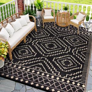 Wonnitar 9x12 Outdoor Rug, Large Waterproof Reversible Plastic Straw Rug for Patios, Indoor/Outdoor Area Rug Lightweight Camping Rug for Outside RV Balcony Garden Deck, Black & Beige