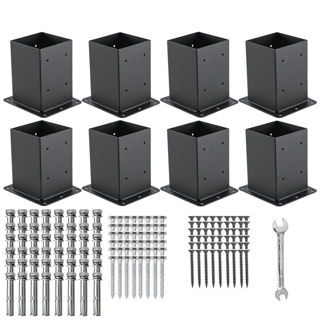 4x4 Post Base 8 Pcs, (Inner Size 3.6x3.6) Post Anchors, 13GA Thick Solid Steel & Black Powder Coated,Deck Post Brackets Support Deck Base Plate Pergola Brackets Fence Kit Mailbox Mount