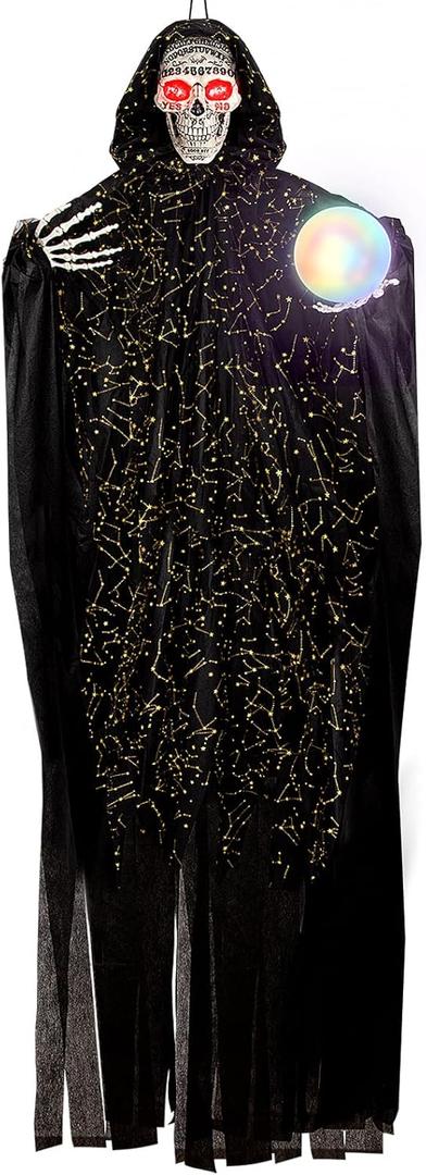 71 Halloween Hanging Talking Fortune Teller Skeleton Animatronics with Sound Activated, Glowing Crystal Ball & Eyes for Halloween Haunted House Prop and Party Decor, Indoor/Outdoor Decoration