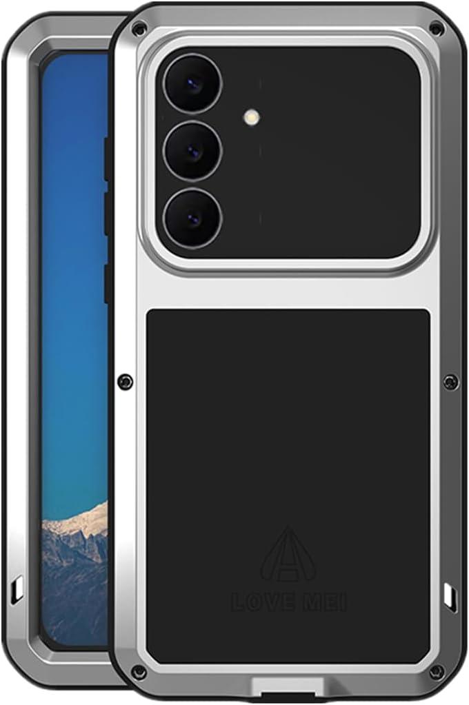 LOVE MEI for Samsung Galaxy S25 FE Case,Outdoor Sports Military Heavy Duty Metal Shockproof Dustproof Full Body Case with Built in Tempered Glass Screen Protector (Silver, S25 FE)