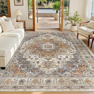 Madane 6x9 Area Rugs for Living Room, Stain Resistant Washable Rugs, Non-Slip Backing Area Rug, Vintage Home Decor Rug for Bedroom (Turmeric/Grey, 6'x9')