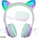Riwbox Kids Wireless Headphones, CT-7S Cat Ear Bluetooth, 85dB Volume Limiting, LED Light Up Over Ear with Microphone for Laptop/PC/TV (Purple&Green)