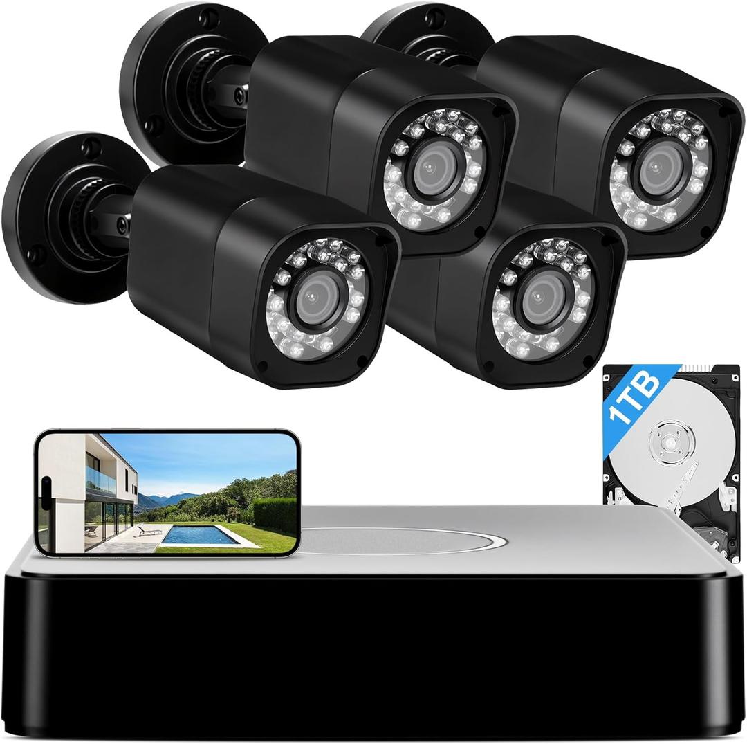 1080P Wired Security Camera System, AIWIXEN 8CH CCTV Surveillance DVR with 1TB Hard Drive, 4 x Home 5MP Wired Security Cameras Outdoor with Human Vehicle Detection, IP68 Waterproof, Remote Access