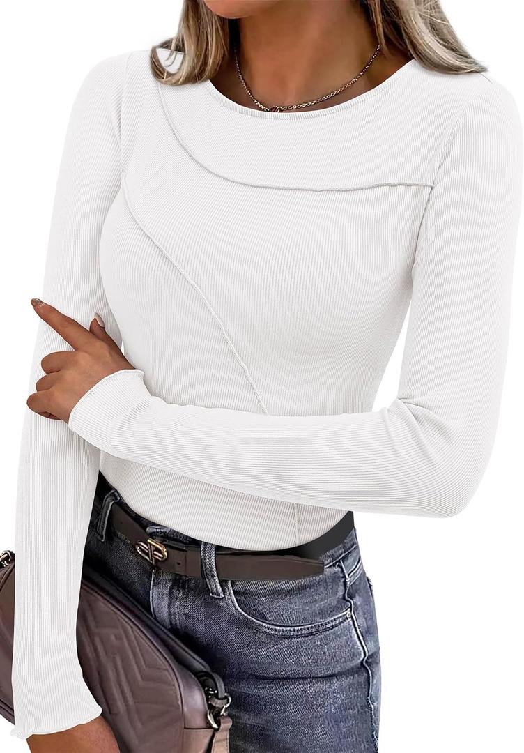 KIRUNDO Womens Tops Boat Neck Long Sleeve Ribbed Knit Slim Fit Stretch Shirts Workout Going Out Top Early Fall Fashion (White, XXL)