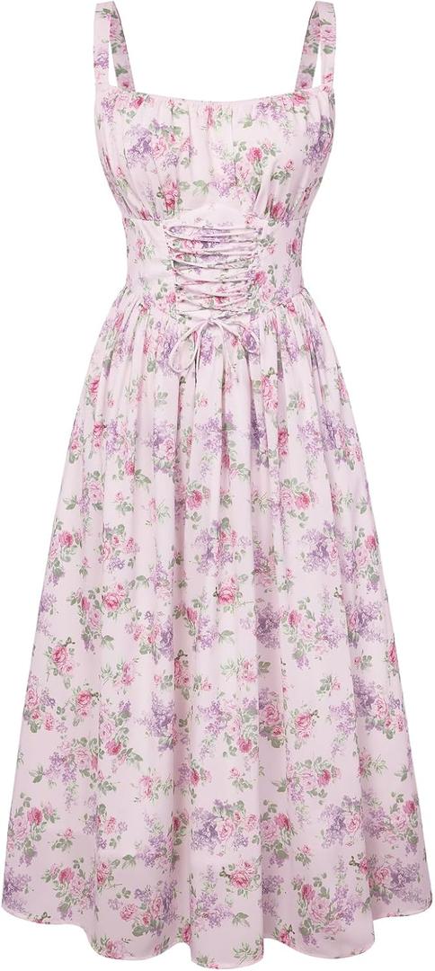 Scarlet Darkness Floral Dress for Women Corset Milkmaid Dresses Wedding Guest Summer Sundress with Pockets, 2XL