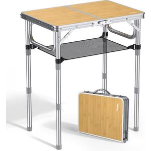 Anbte 2ft Camping Table Foldable, 3 Adjustable Heights High 27.5" Aluminum Small Folding Table with Carrying Handle, Portable, for Outdoor Indoor Picnic Beach BBQ Travel, 24" x 16", Light Oak Grain