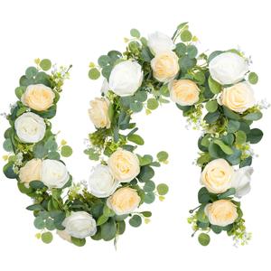 2PCS 13Ft Artificial Eucalyptus Garland with Flowers, Artificial Rose Garland Faux Floral Garlands Artificial Flower Vine, Flower Garland for Wedding Spring Home Party Table Runner Decorwith Light