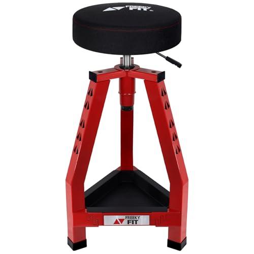 FreekyFit Adjustable Tall Shop Stool, Mechanic Garage Bar Stool Chair, Work Metal Chair for Workshop, 360° Swivel Padded Seat, Tool Tray Storage, 350 LBS Capacity, Heavy Duty, Red