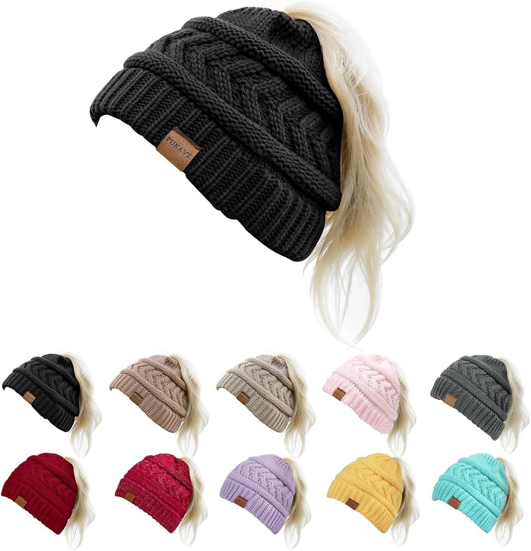 Pukavt 1&2 Pack Winter Hat Ponytail Beanie Hat for Women, Soft Stretch Cable Knit Messy Bun Beeanie,Trendy Gifts for Women (Black)