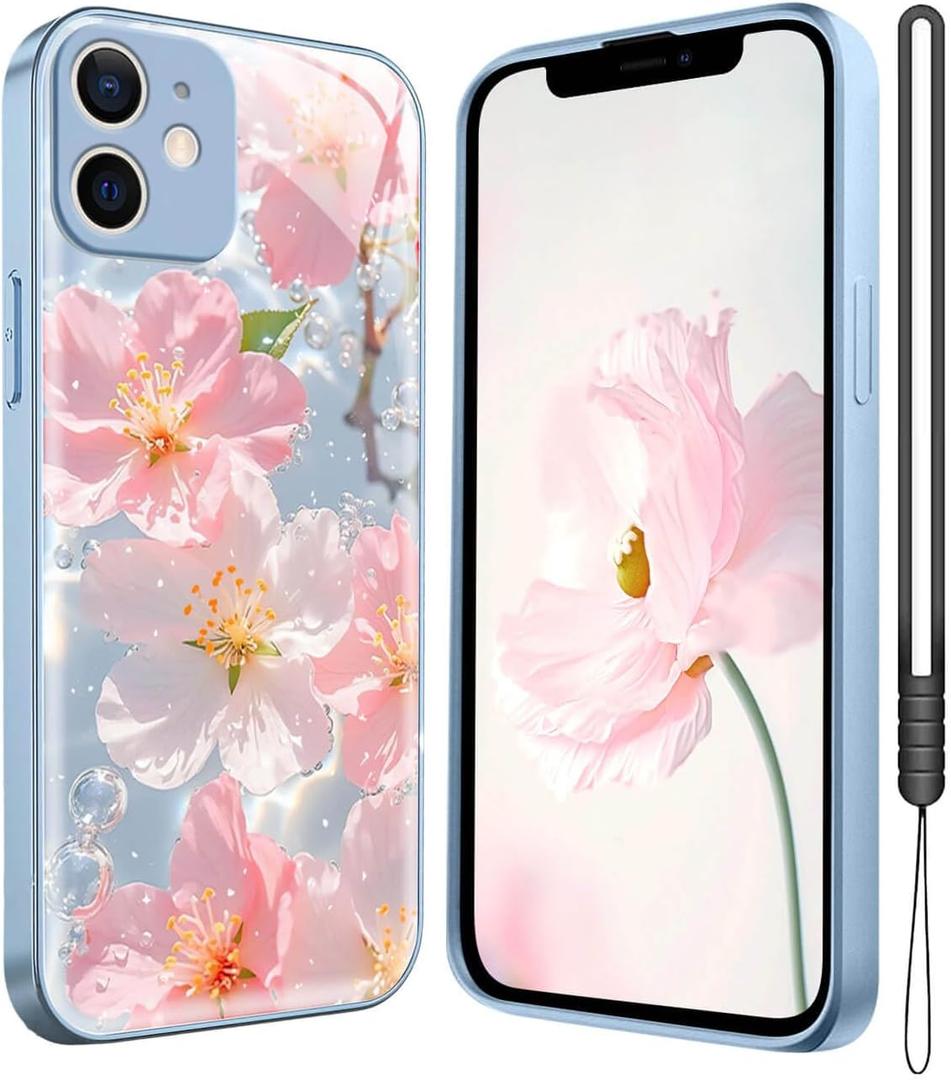 Flower Phone Case for iPhone 15 Pro Max, Delicate Floral Art Pattern Cover, Camera Lens Protector & Shockproof, Silicone Lanyard, Cute Slim & Lightweight for iPhone 15 Pro Max Case (Blue)