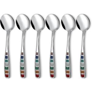 Premium 7.24" European Soup Spoons, Stainless Steel creative colorful enamel spoon drinking spoon, Dishwasher Safe Disinfection cabinet Set of 6