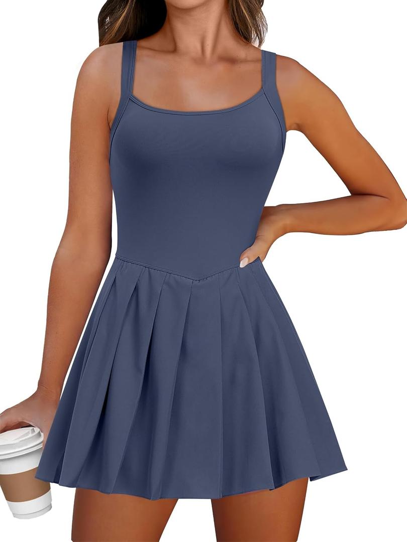 ANRABESS Women's Tennis Athletic Pleated Summer Mini Dress 2025 Golf Workout Build in Shorts Casual Romper Short Sundress (Gray Blue) S