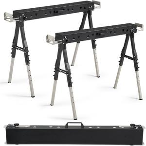 OLBRUS 2 Pack Heavy Duty Folding Sawhorse Pair, Adjustable Height & Legs, Portable Metal Saw Horses with 2600 LBS Load Capacity, Portable Folding and Fast Open Legs and Easy Grip Handle for Woodworking.