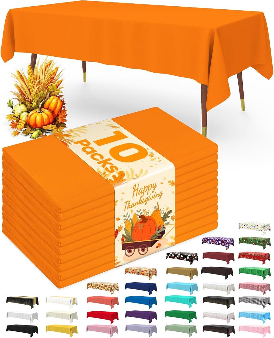 Pureegg Plastic Table Cloth Disposable 10 Pack, 54 x 108 Inch Table Cloths, St Patricks Day, Christmas Decorations, Tablecloths, Rectangle, Forest, Plastic Cover, Leakproof & Sturdy, Orange