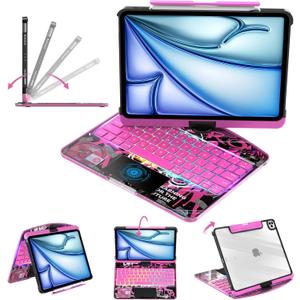 Clear Keyboard Case for iPad Air 13" (M3/M2, 2025/2024) & Pro 12.9" (3/4/5/6th Gen) 360 Swivel Multi-Touch Trackpad with Wireless Bluetooth 7-Color Backlight, Pencil Holder Pink