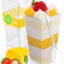 duskeep 100 Pack 3 oz Plastic Mini Dessert Cups with Spoons, Square Tall Clear Shooter Cups for Dessert, Individual Treat Cups, for Cake Parfait Appetizer Mousse Yogurt Pudding Fruit