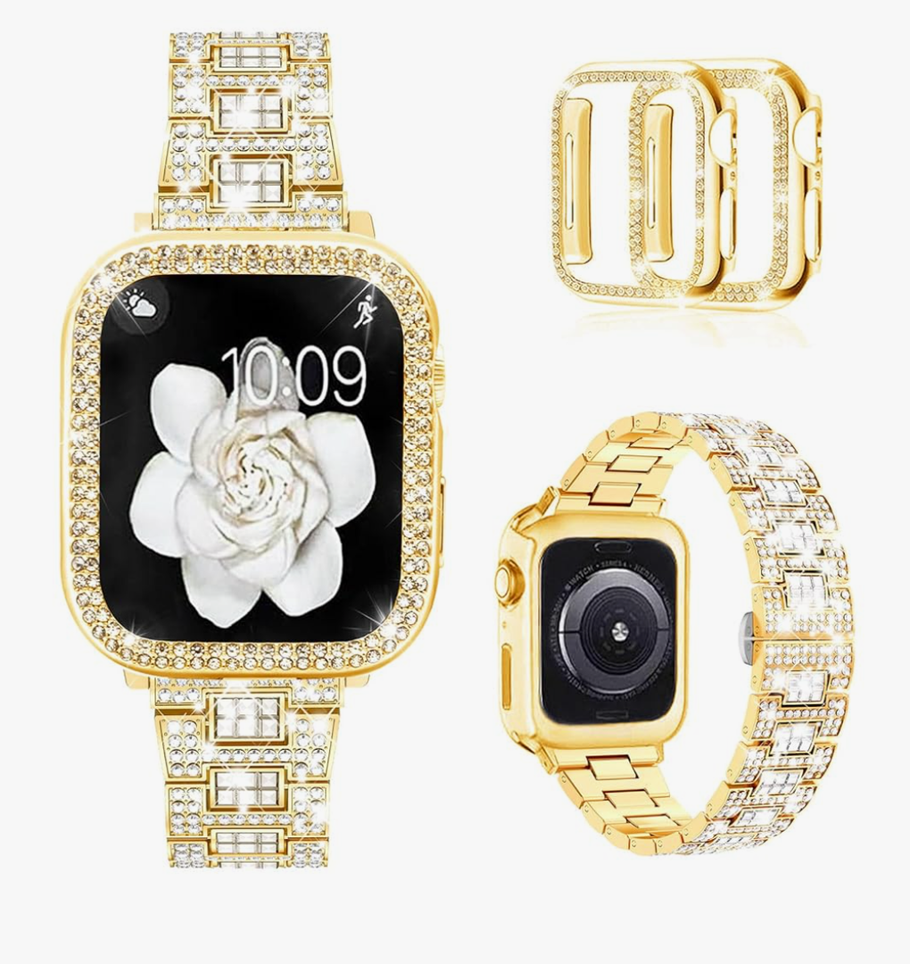 Mosonio Compatible with Apple Watch Band 38mm 40mm 41mm 42mm 44mm 45mm 46mm 49mm with Pack of 2 Case Women, Jewelry Replacement Metal Bands Strap with Bling PC Protective Case for iWatch Ultra SE Series 10/9/8/7/6/5/4/3/2/1