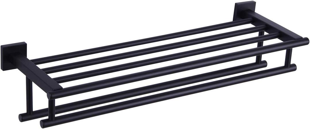 Bathroom Towel Shelf with Bar, Angle Simple Stainless Steel Bath Towel Rack, Double Towel Holder with Shelf, Wall Mount Train Rack Matte Black 23.62 Inches