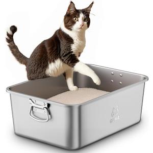 Stainless Steel Litter Box with Handle, Large Cat Litter Box with High Sides, Odor-Free, Non-Stick, Easy to Clean, 19.5"13.6"7.8", Ideal for Medium to Large Cats