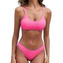 Fanuerg Women's Ribbed Bikini Sets Scoop Neck Cheeky Swimsuit Textured Two Piece Bathing Suit Hot Pink M