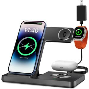 3 in 1 Charging Station for Multi Devices, Wireless Charger for iPhone 8-16 Series & Apple Watch, Wireless Charging Station for AirPods Pro/4/3/2 Black