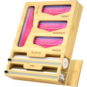 6 in 1 Bag Organizer and Wrap Dispenser with Magnetic Lid - Plastic Wrap Dispenser with Cutter for Kitchen Drawer, Storage for Gallon, Quart, Sandwich, Snack Bags, and Foil Beige