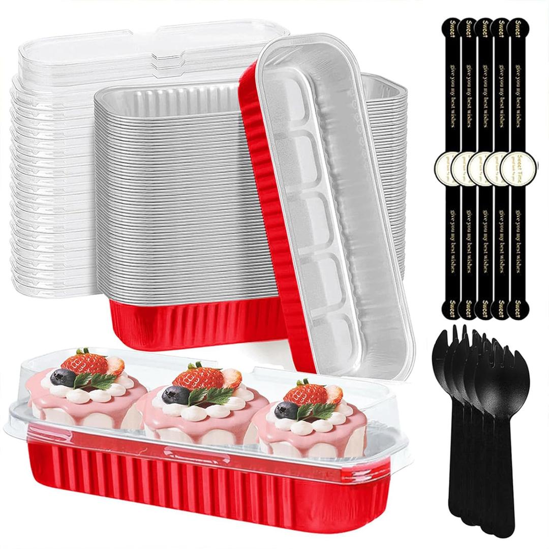 Mini Loaf Pans with Lids and Spoons- 50 Pack 6.8oz Aluminum Bread Cupcake Pie Foil Pans with Sealing Sticker,Rectangle Disposable Baking Cups Muffin Tins Containers for Picnics Party, Red