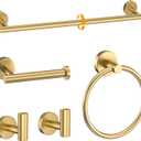 Brushed Gold Towel Bar Set 5 Pieces Round Bathroom Hardware Set Includes 23.6in Towel Bar Towel Ring Toilet Paper Holder Towel Hooks Stainless Steel Wall-Mounted Bathroom Towel Holder Set