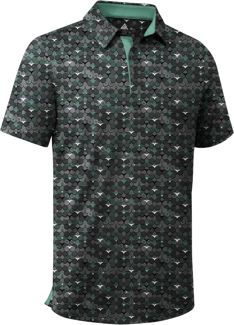 ZITY Men's Golf Shirts Short Sleeve Moisture Wicking Performance Print Patterns Casual Collared Golf Polo Shirt for Men (Green, XL)