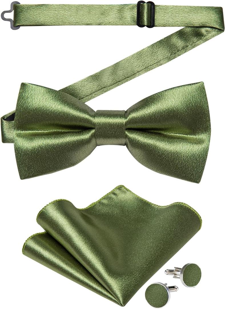 DiBanGu Bow Ties for Men Solid Color Pre-Tied Bow Tie and Pocket Square Cufflinks Formal Tuxedo Bowtie for Wedding Party (Solid Sage Green)