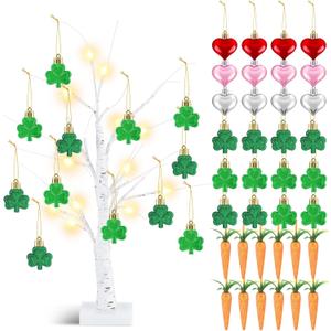 Valentine‘s Day Tree Decor 24 Inch Lighted Birch Tree with 23  Pcs Tree Ornaments 12 Valentines Heart Ornaments 12 St Patrick's Day Shamrocks Ornament