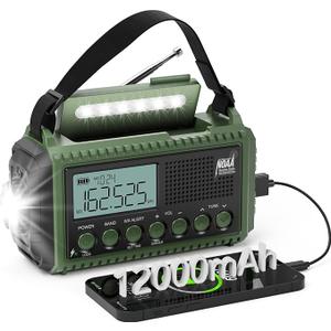 NOAA Emergency Radio with Auto Weather Alerts - 12000mAh Solar Hand Crank Weather Radio, 6 Power Sources, Bright LCD Digital Tuning, AM/FM/SW Receiver, SOS Alarm & Power Bank for Home Camping Survival