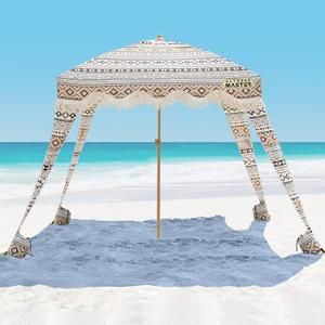 OutdoorMaster Beach Cabana with Fringes, Portable 6' x 6' Beach Canopy for Sand, Easy Set Up Beach Shelter, Included Side Wall, UPF 50+ UV Protection Sun Umbrella - for Family & Friends