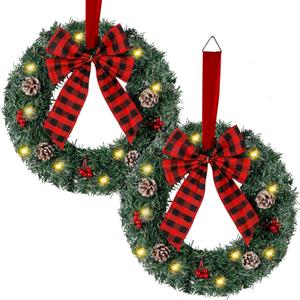 Zcaukya 2 Packs Pre-lit Christmas Wreaths, 14 Inch Buffalo Check Bowknot Wreath with 8 Lighting Modes String Lights, Artificial Front Door Wreath for Xmas Hanging Decor, with Timer