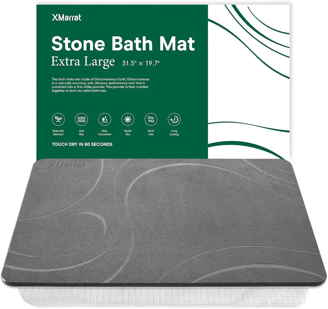 XMarrat Large Stone Bath Mat, Super Absorbent Diatomaceous Earth Bath Mat Large, Quick Drying Non-Slip Diatomite Stone Bath Mats for Bathroom, Easy to Clean (Dark Grey, Extra Large 31.5" x 19.7")