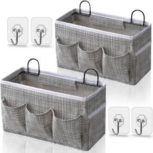 2pcs 3-pockets Large Wall Hanging Organizer Bag, Linen Fabric Door Hanging Storage Baskets with Pockets, Waterproof Bin for Kitchen, Bedroom, Office, RV Camper (Stripe_2pcs)