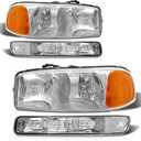 Headlight Assembly for 1999-2006 GMC Sierra 1500 2500 3500 Compatible with 99-06 GMC Yukon/GMC Yukon XL Model Chrome Housing Amber Reflector Clear Lens Replacement(No fit GMC Yukon Denali)