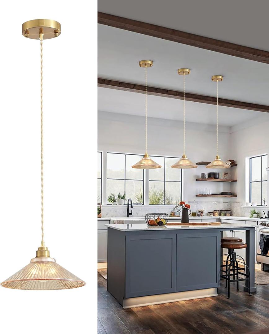 Glod Pendant Light Fixture for Kitchen Island, Modern Hanging Lamp for Dinning Room, Adjustable Hanging Lights with Glass Shade for Bedroom Hallway Bar Shop, Brushed Brass Finish. (Gold)