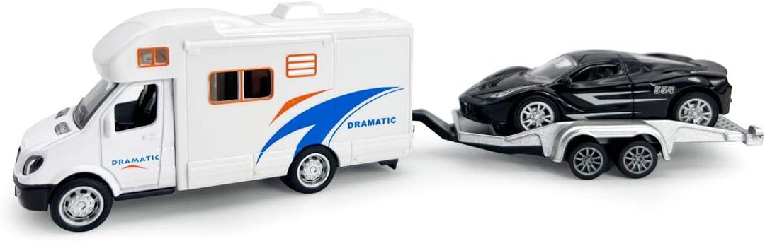 Toy Camper RV Trailer Towing Supercar Sports Model Car Diecast Motorhome Toys for Boys Pull Back Toy Cars, Beach Sandbox Outdoor Adventure Play Set, 3 4 5 6 Years Old Kids Toddlers Gifts, White