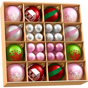 44Pcs Christmas Tree Balls Ornament Set, Multicolor Decorative Ball Plastic Shatterproof Christmas Tree Hanging Ball Ornaments for Holiday Christmas Party Home Decoration (Pink+Silver)