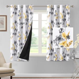 H.VERSAILTEX 100% Blackout Curtains 63 inch Length 2 Panels Set Cattleya Floral Printed Drapes Leah Floral Thermal Curtains for Bedroom with Black Liner Sound Proof Curtains, Grey and Yellow